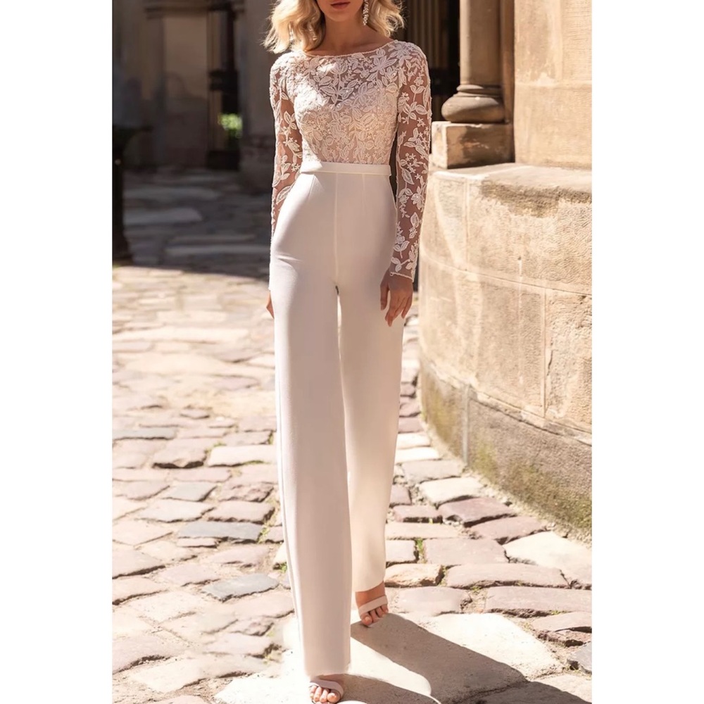 Shepicker Fashion Ladies Wedding White Lace Top Wide Leg Jumpsuit